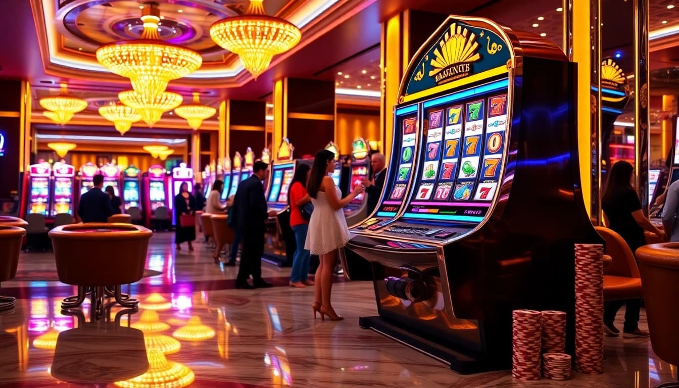 Players winning on a vibrant pragmatic slot machine in a luxurious casino.