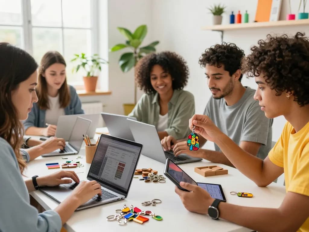 Creative individuals designing custom keychains in a bright workspace, showcasing vibrant colors and collaboration.