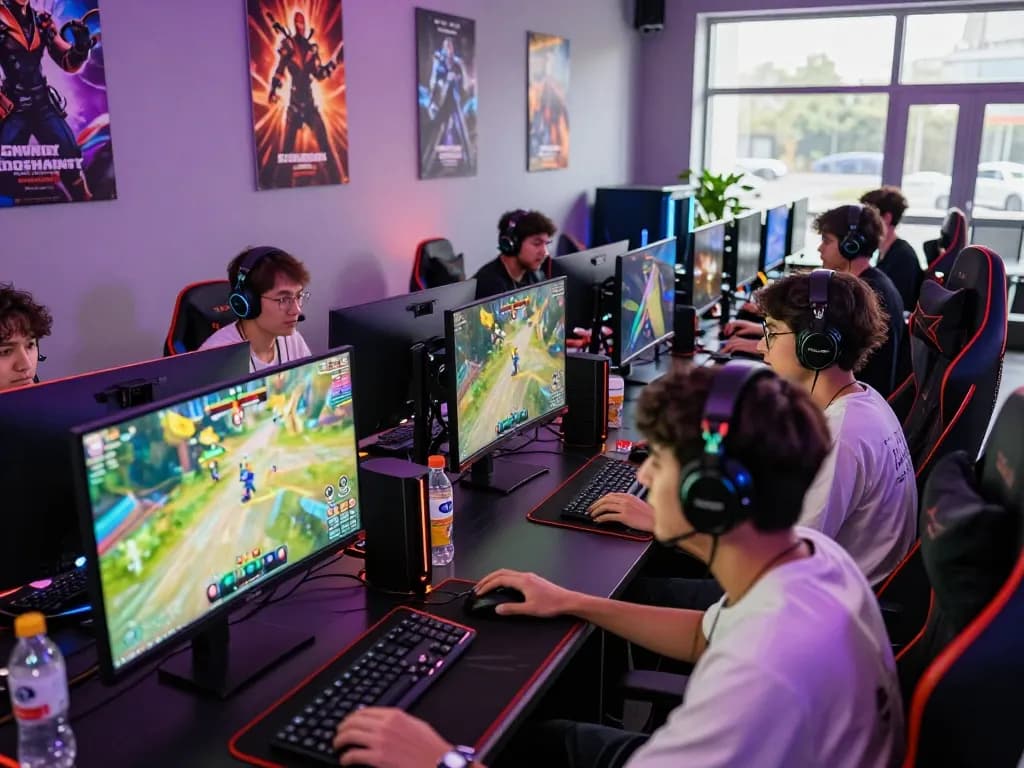 Group of gamers enjoying multiplayer experience at ligasedayu.com with vibrant decor and snacks.