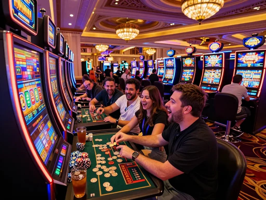 Teman-teman merayakan kemenangan di mesin slot link di kasino Las Vegas, suasana ceria dengan lampu berwarna-warni dan kegembiraan.