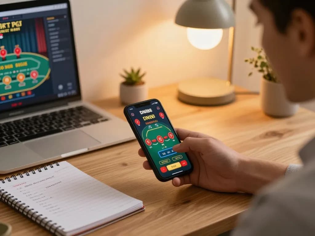 Engaging with DN88 mobile app for live dealer blackjack in a stylish home office.