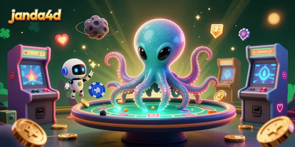 Permainan menarik janda4d dengan alien gurita berwarna cerah dan meja poker holografis yang menggugah selera bermain.