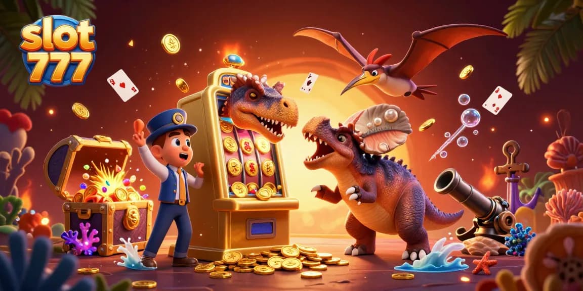 Slot 777 menghadirkan jackpot dengan dinosaurus, manajer kasino, dan koin emas berterbangan.