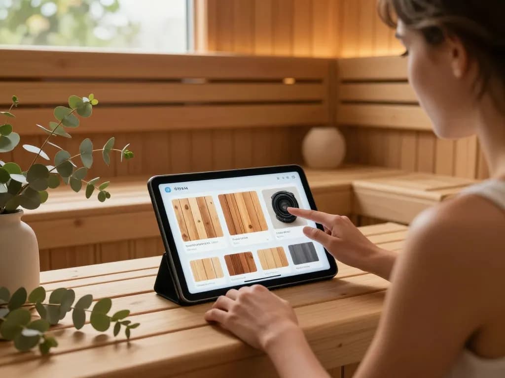 Interacting with sauna 3D configurator on a tablet in a warm sauna environment.