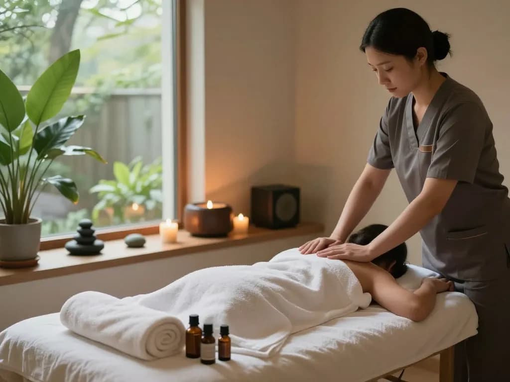 Relaxing 부전동마사지 therapy room with soft lighting and calming decor.