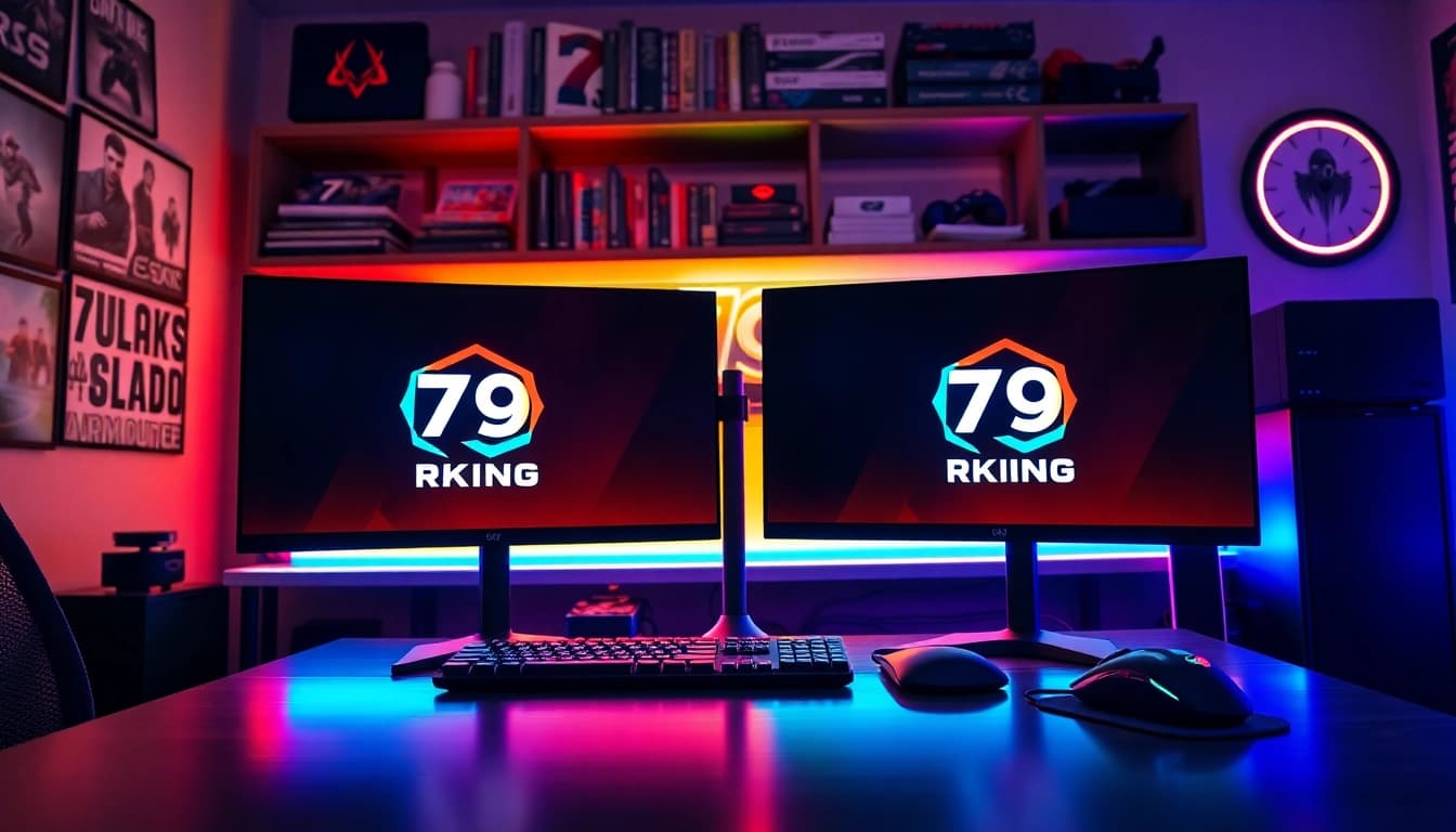 Engaging gaming setup showcasing the 79king logo with vibrant RGB lighting and dual monitors.