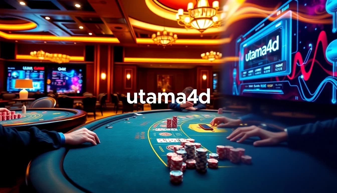 Sebuah adegan kasino yang menarik dengan pemain di meja, menampilkan sensasi berjudi dengan integrasi Utama4D ke dalam antarmuka digital.