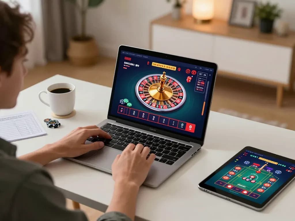 MAY88 player engaging in online roulette at home, showcasing lively game interface and strategic betting setup.