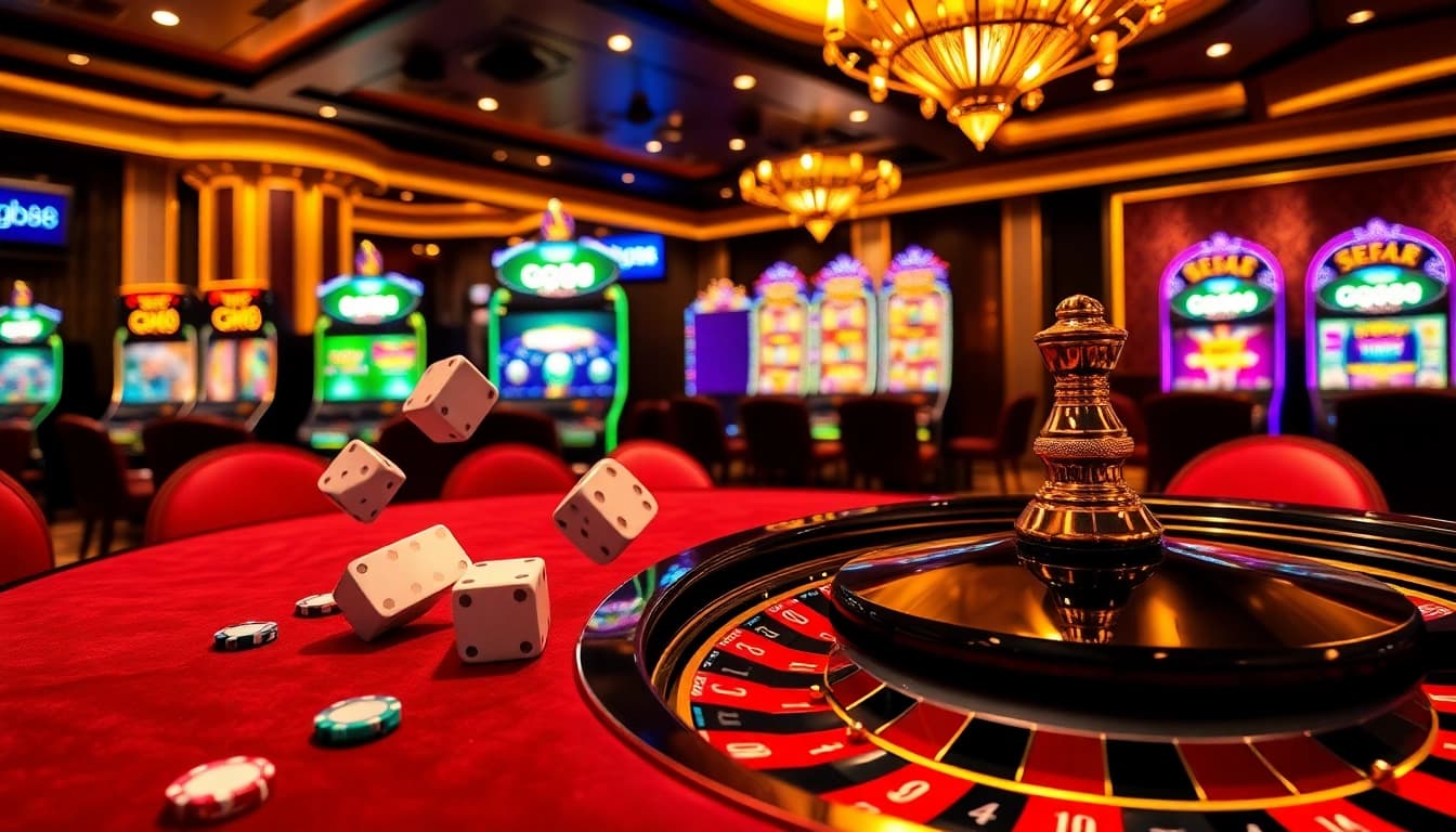 Experience the excitement of gg88 gaming with vibrant poker, roulette, and slot machine visuals.