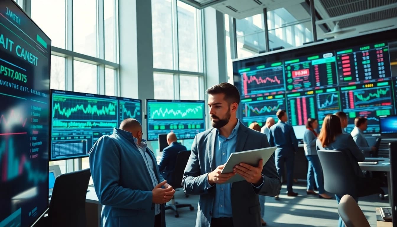 Dynamic trading environment showcasing quantum ai trading canada with diverse professionals analyzing AI-generated data.