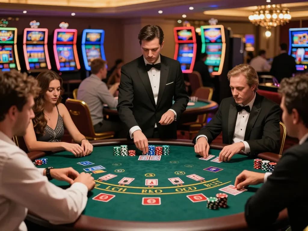 Go8 blackjack players strategizing their bets during upscale casino gameplay.