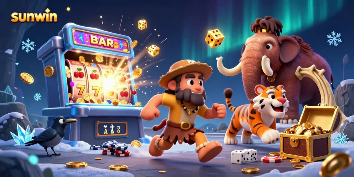 Experience the excitement of sunwin in a prehistoric casino setting with cavemen and jackpots!