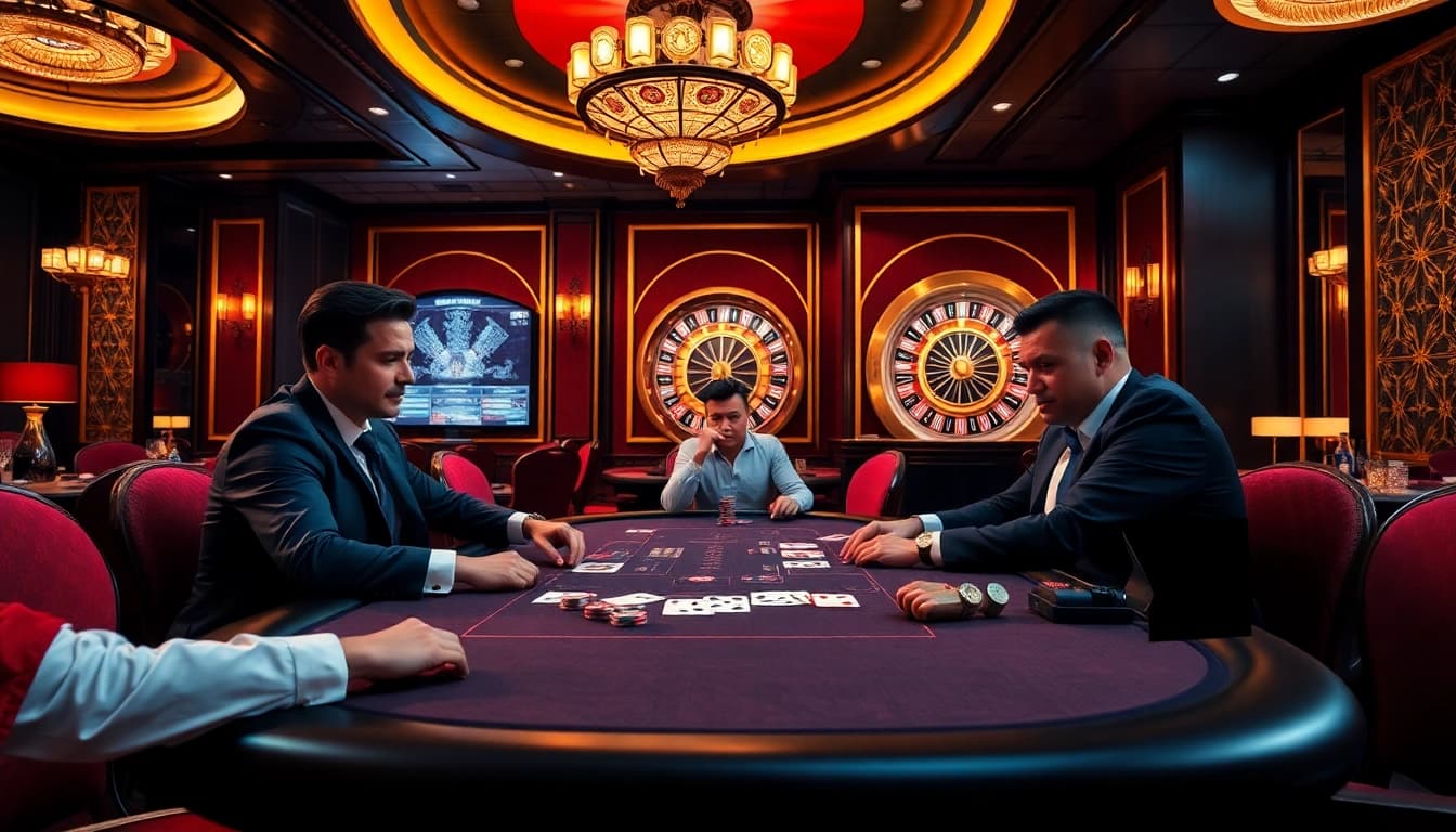 A thrilling poker game at nhà cái KK55 featuring vibrant chips and elegant cards.