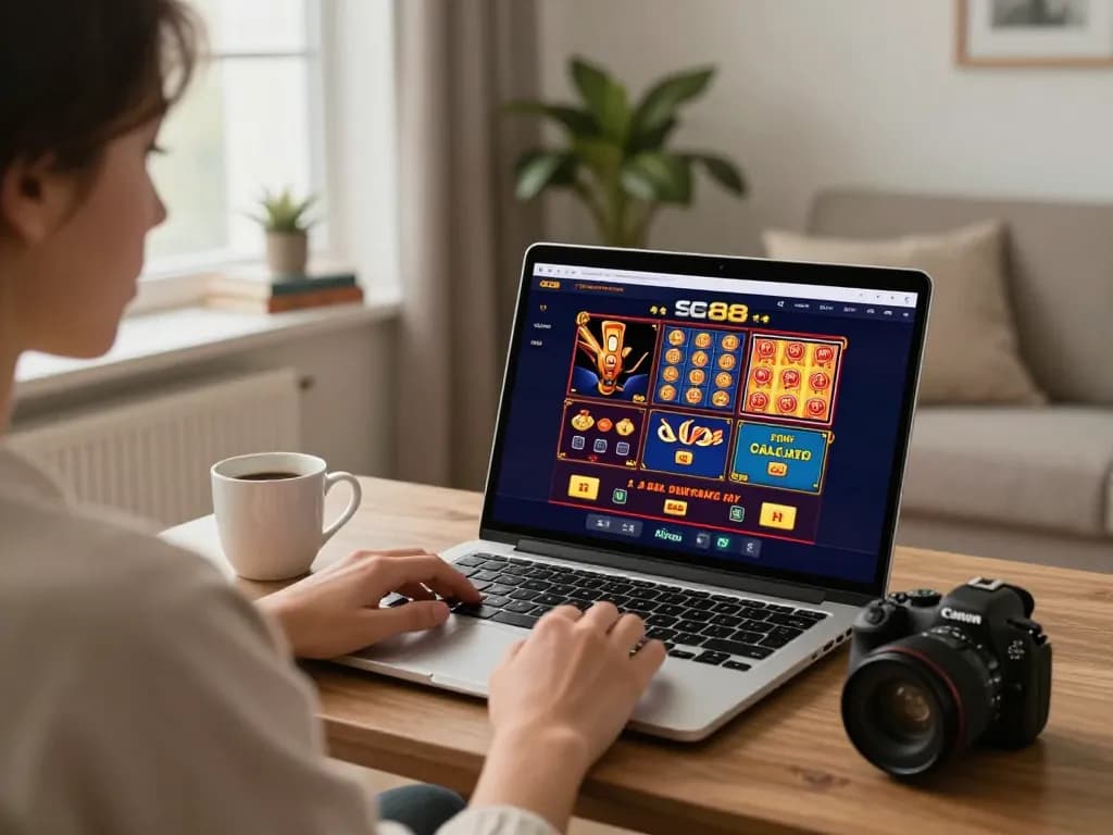 Player engaging with SC88 casino games on laptop in a cozy living room, highlighting strategic online gambling.