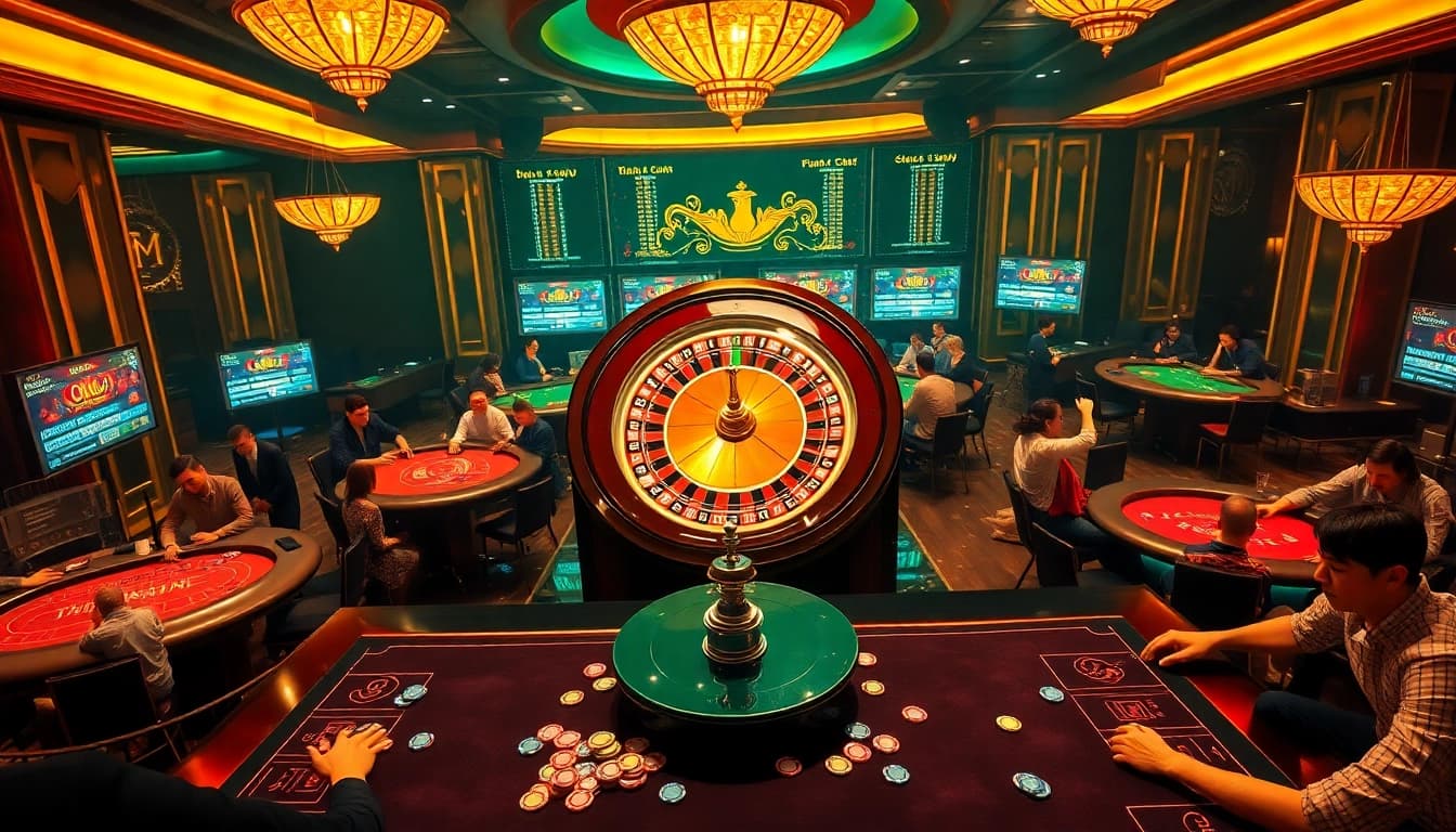 Engaging players enjoying games like roulette at Nhà cái MM88's vibrant casino.