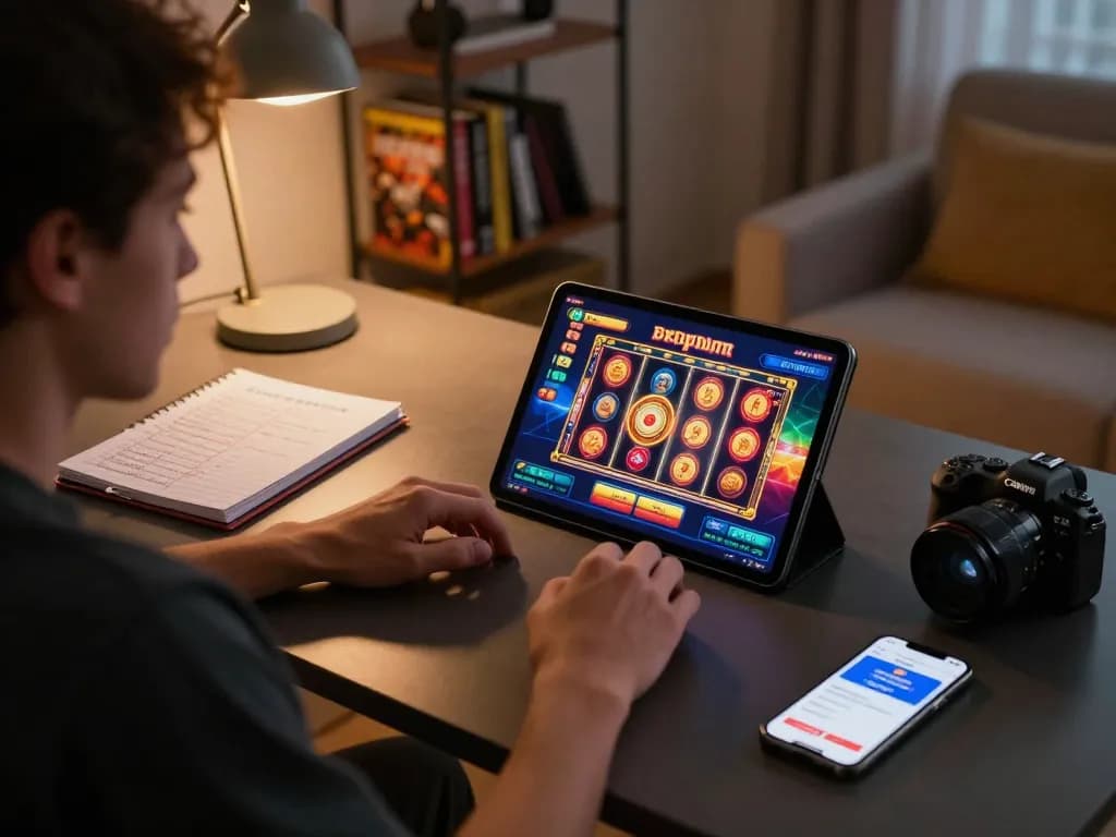 Player engaging in slot deposit 2rb game on tablet at cozy home desk, capturing strategic gaming atmosphere.