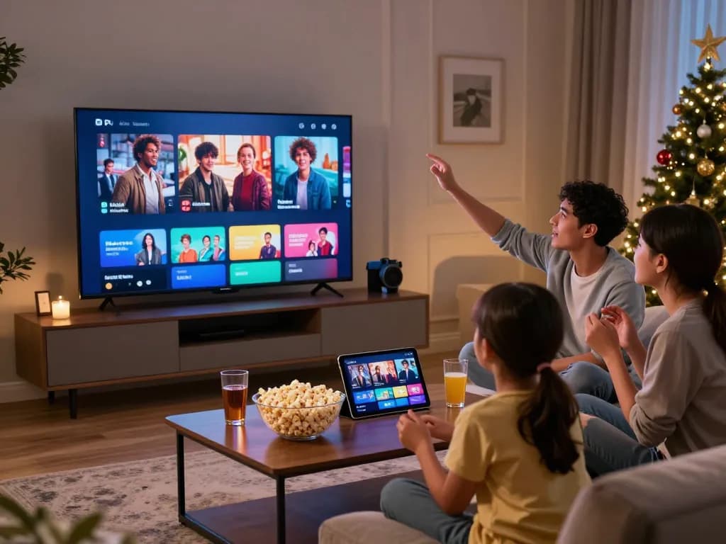 Gezin kijkt naar IPTV Nederland films op meerdere apparaten in een gezellige woonkamer.
