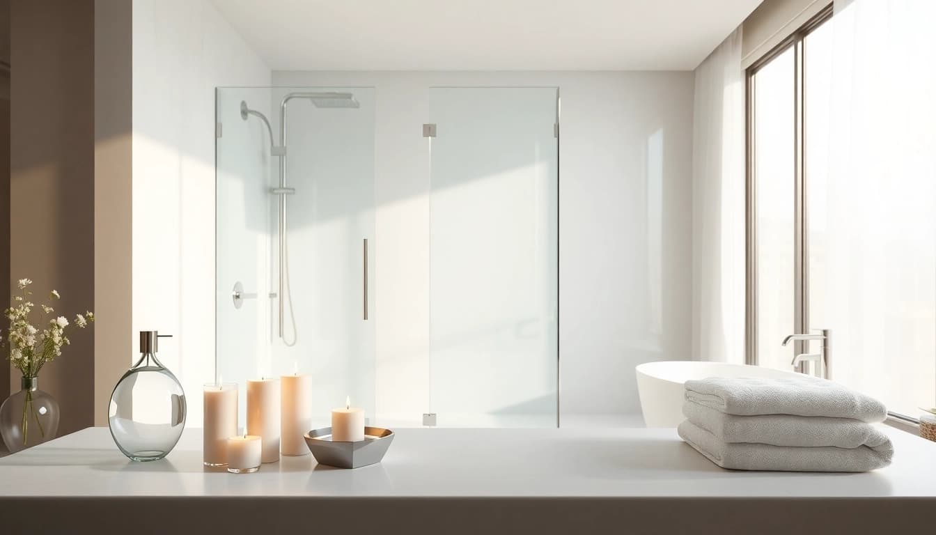 Experience elegant showers in a modern bathroom with glass fixtures and serene lighting.