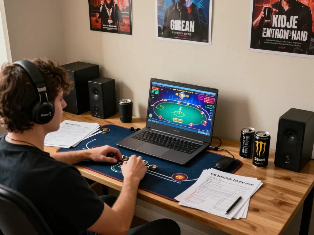 Okwintv online poker player engaged with strategy notes at home