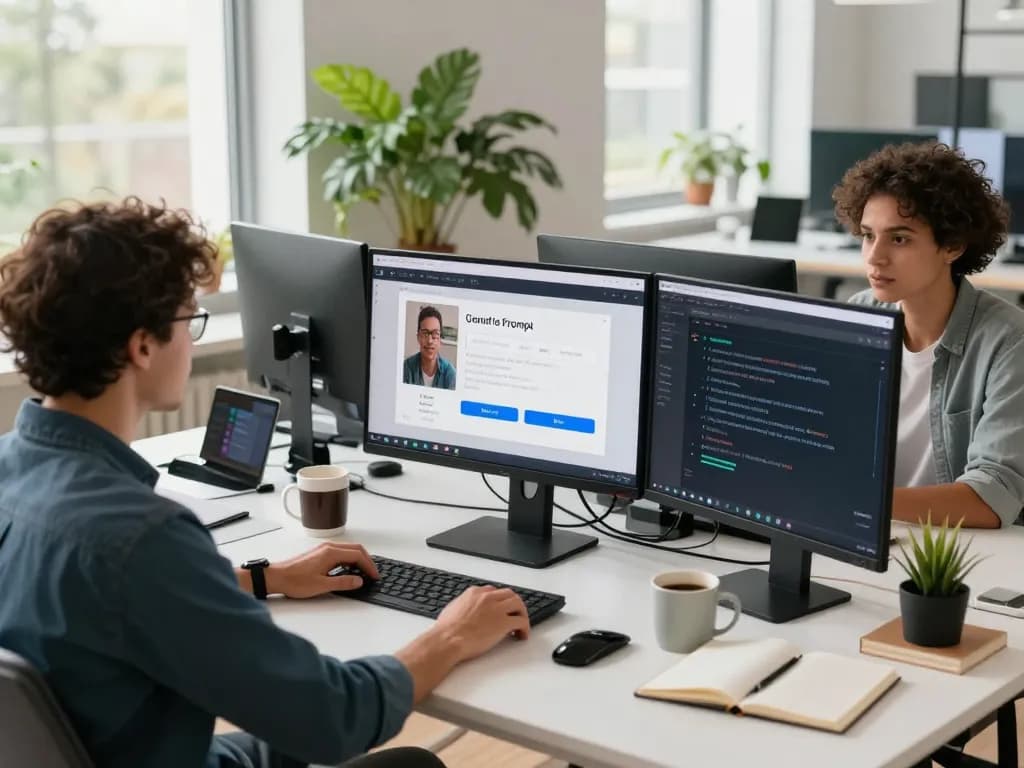 Innovative workspace scene demonstrating a video to prompt generator in action, showcasing teamwork and advanced AI technology.
