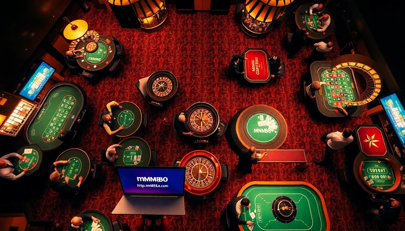 Experience thrilling casino action at https://mm88.sa.com/ with players around roulette wheels and poker tables.