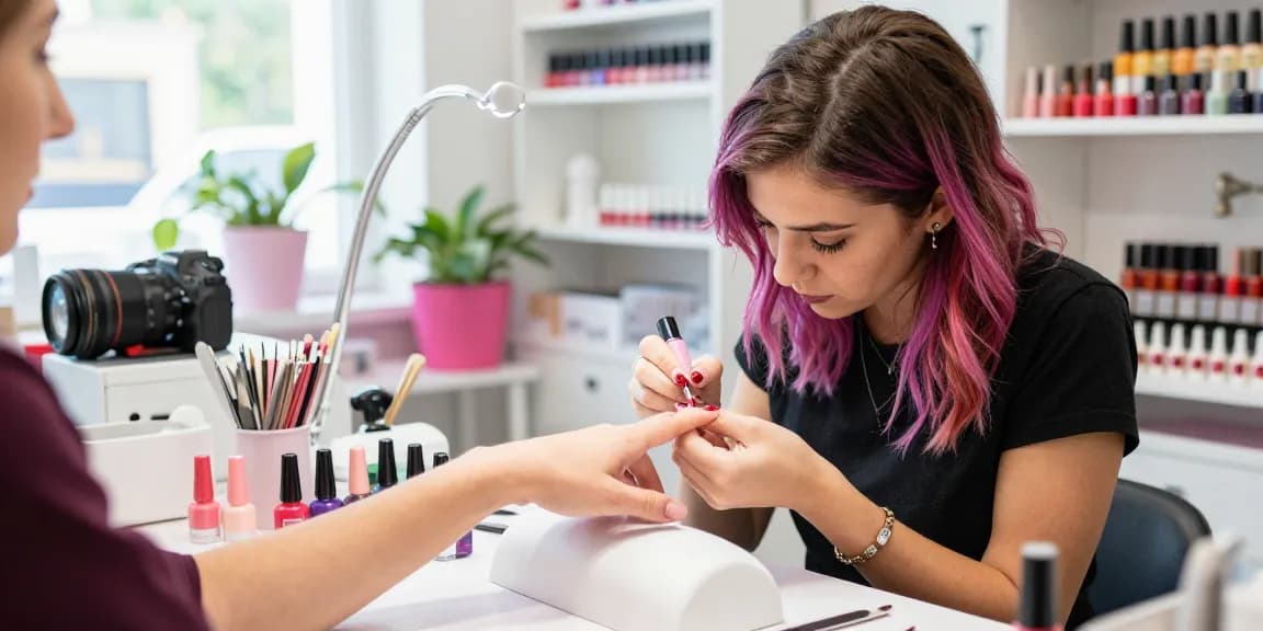Tânără tehniciană în unghii aplicând oja semipermanenta într-un salon elegant cu culori vibrante de gel.