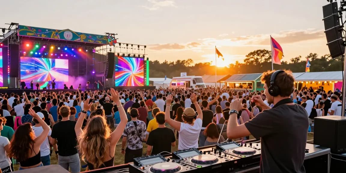 DJARUMBOS music festival scene with DJ mixing tracks and energetic crowd enjoying the vibrant atmosphere.