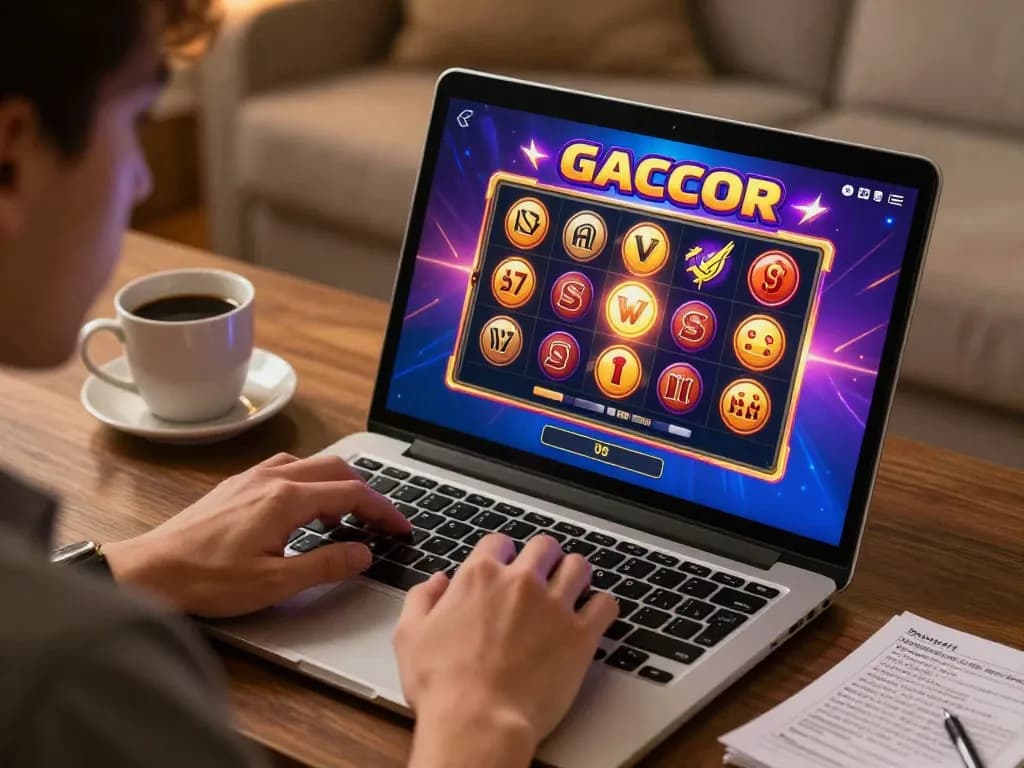 Engaging in slot gacor gameplay on a laptop in a cozy setting with a warm atmosphere.