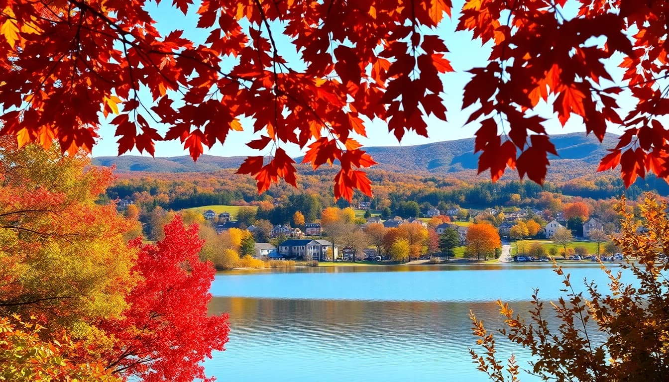 Clarksburg vibrant autumn landscape with colorful foliage reflecting in a serene lake.