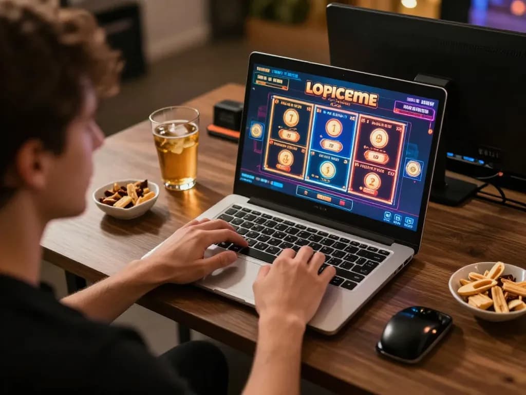 Player engaging with Super 222 online casino slot games on a laptop in a cozy gaming setup