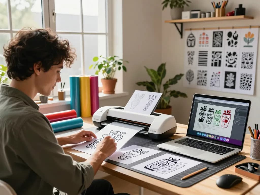 Crafter using vibrant SVG files for tumbler designs in a cozy studio