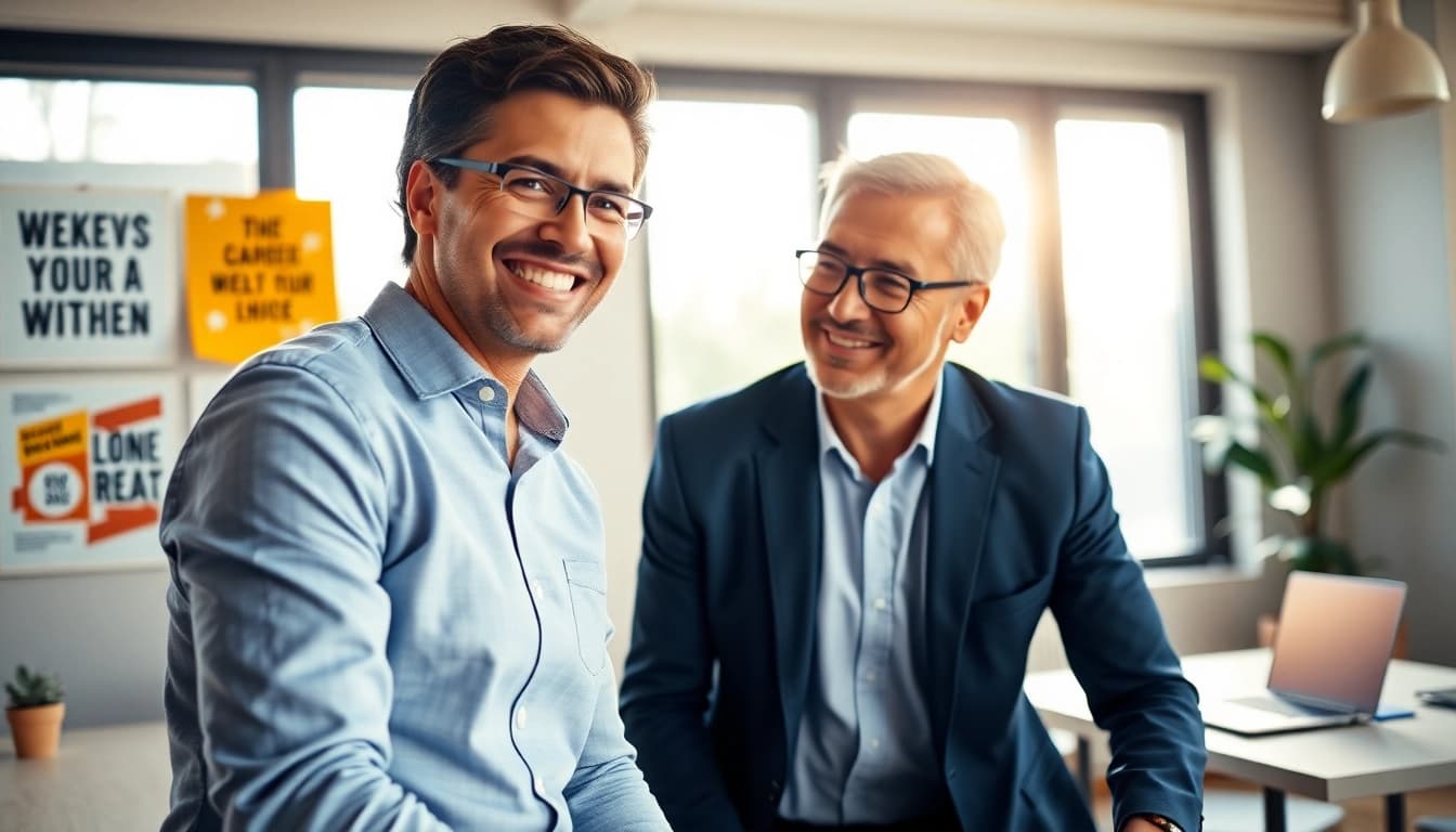Engaging career coaching session with a professional coach and client in a bright office.