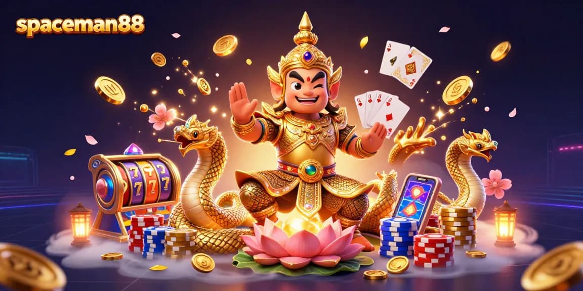 Experience winning strategies at spaceman88 with vibrant 3D illustration of casino elements and lucky symbols.