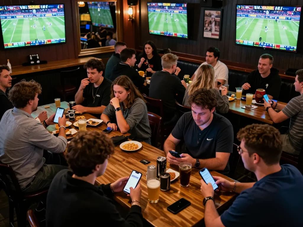 Engaged sports betters analyzing odds and placing bets on tr88 in a lively bar environment.