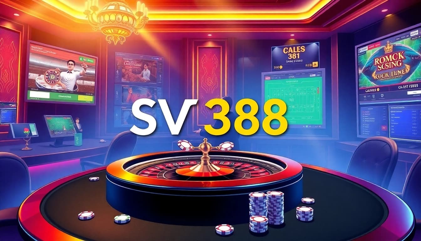 SV388 immersive online gambling scene with roulette, poker chips, and live betting interfaces.