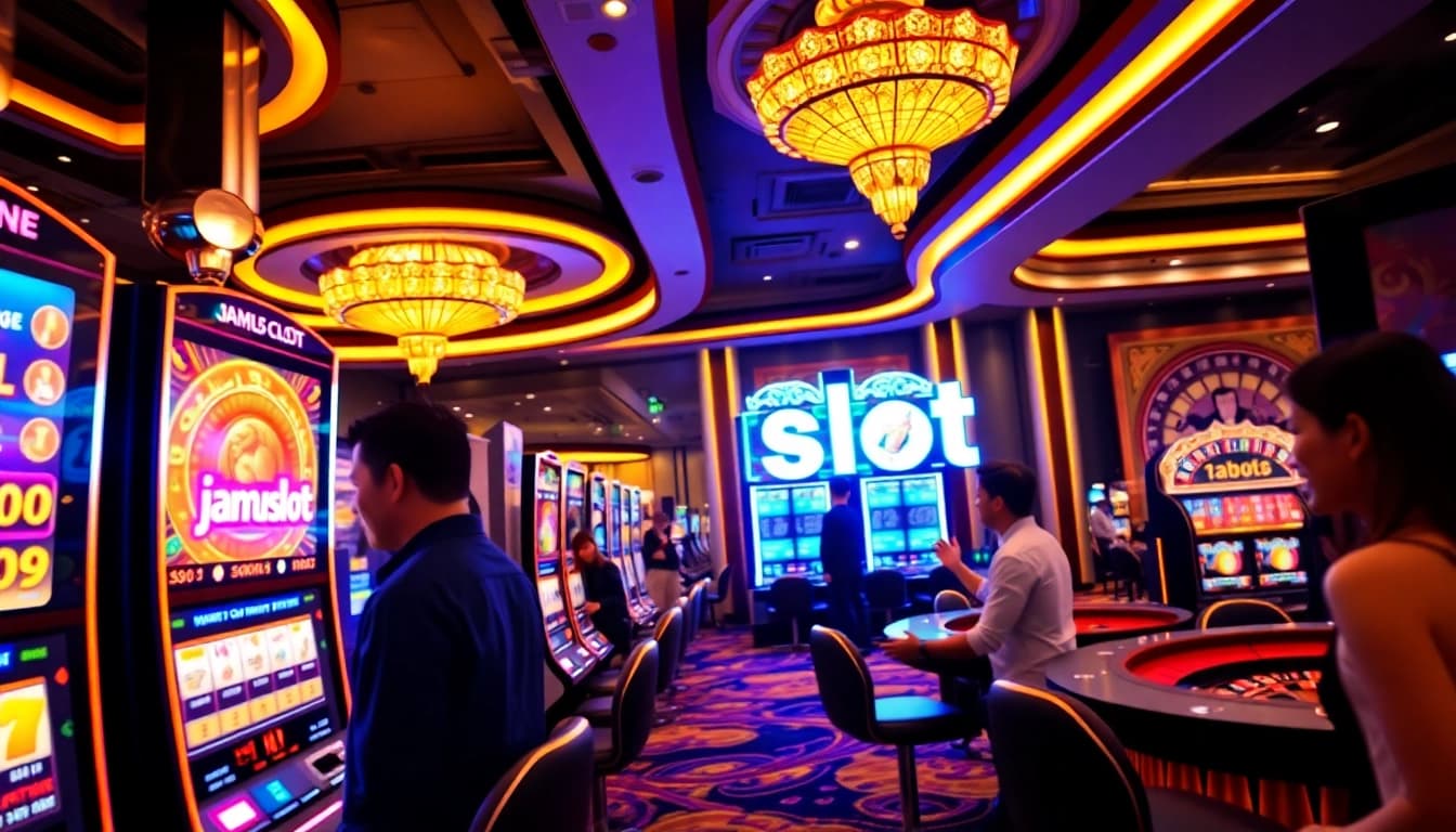 Players winning at jamuslot slot machines in a luxurious casino environment.