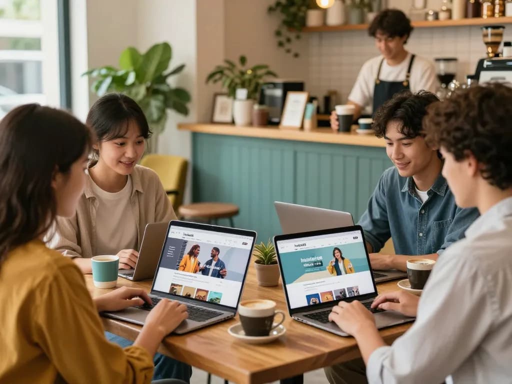 Customers engaging with hubet88 online shopping platform in a cozy café atmosphere.