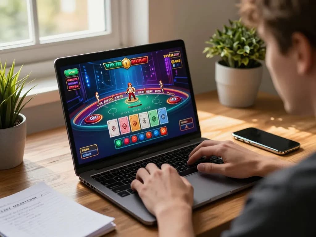 Cách Xóc Đĩa Luôn Thắng while strategizing at an online gaming setup, showcasing dynamic gameplay.