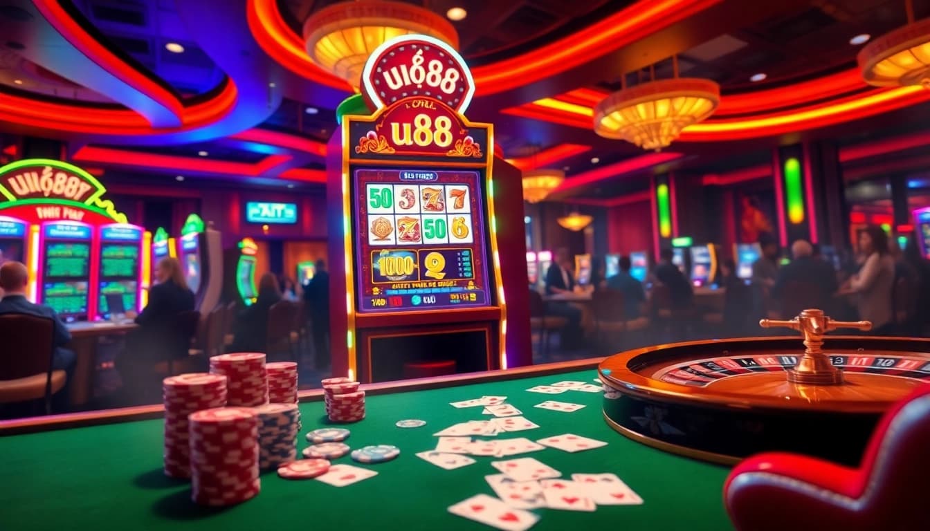 Players celebrating at the uu88 nổ hũ slot machine in an exciting casino environment