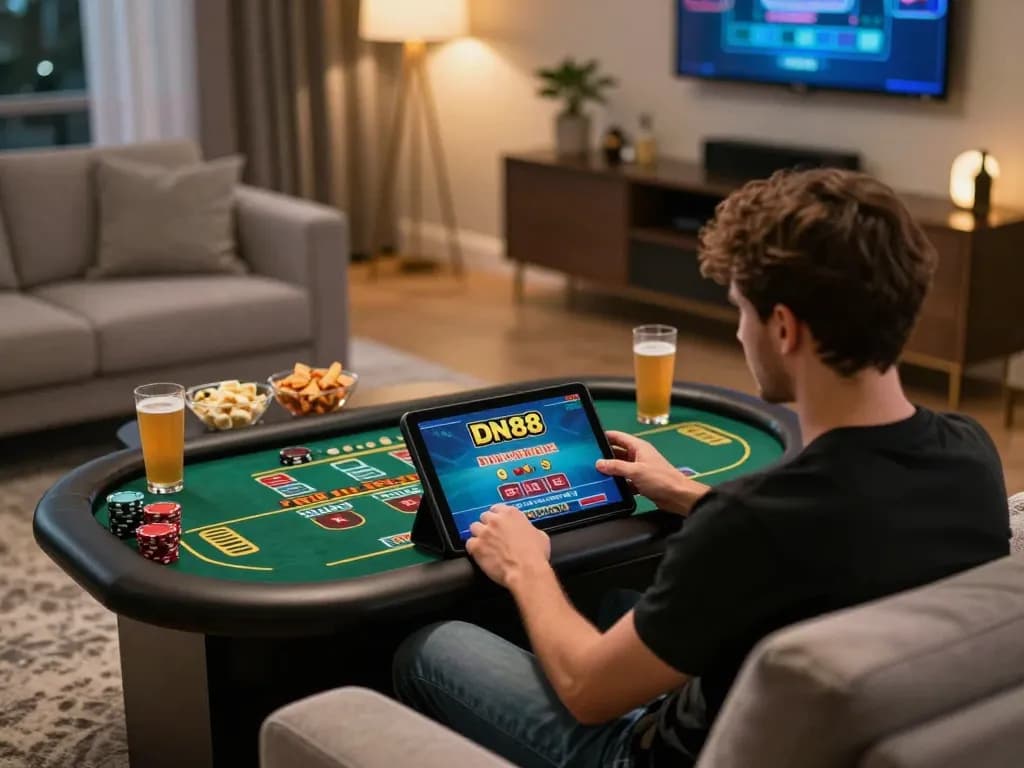 Engaging in online gaming at DN88 with a live dealer on a tablet, creating an inviting atmosphere