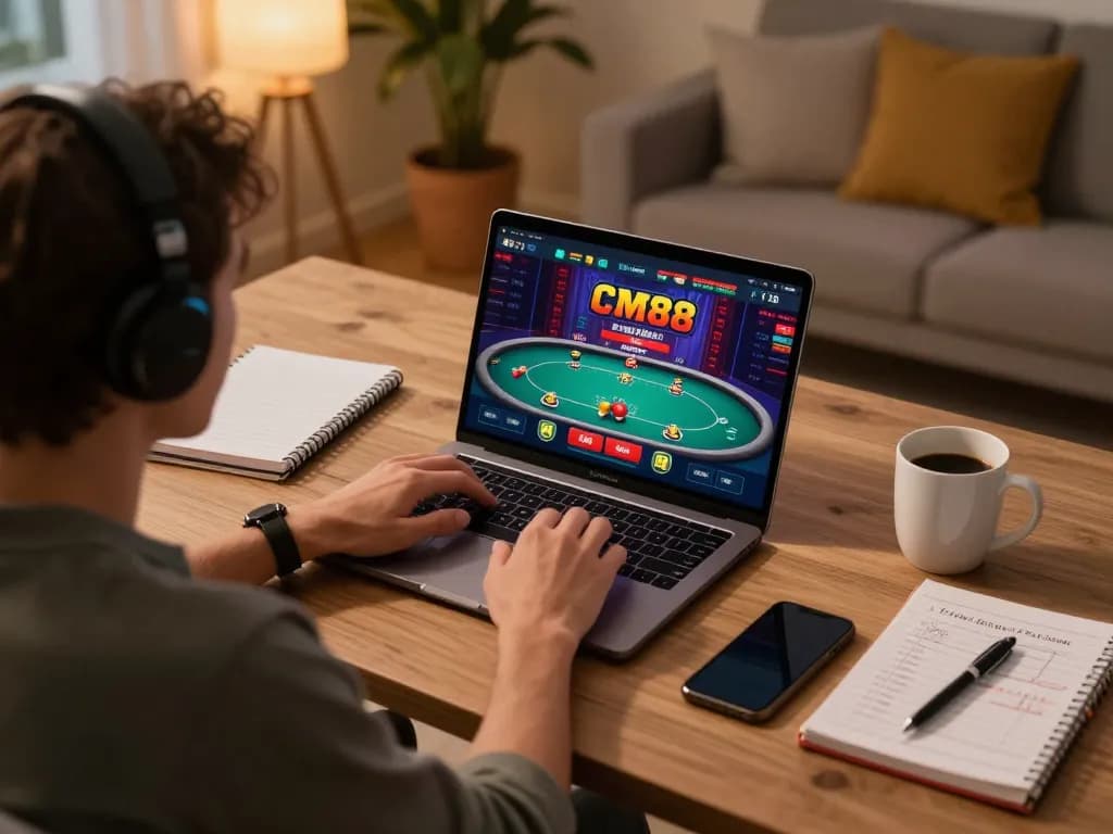 Engaging with the CM88 casino app on a laptop at home for online gambling strategy.
