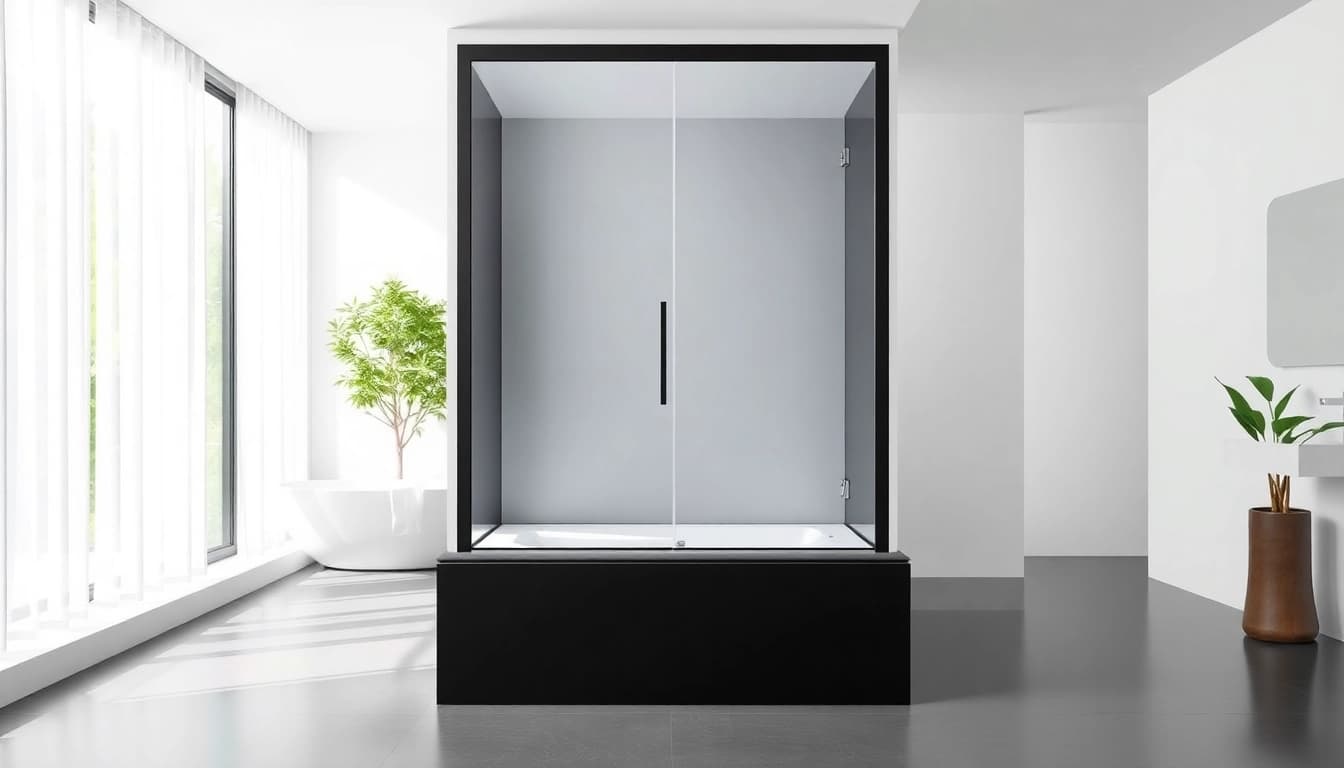Admire la paroi de douche 150x200 élégante en verre sécuritaire avec cadre noir mat.