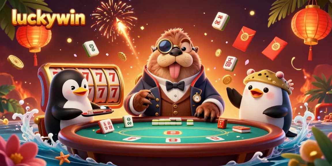 Experience the thrilling world of luckywin as the charming walrus plays poker surrounded by vibrant casino elements.