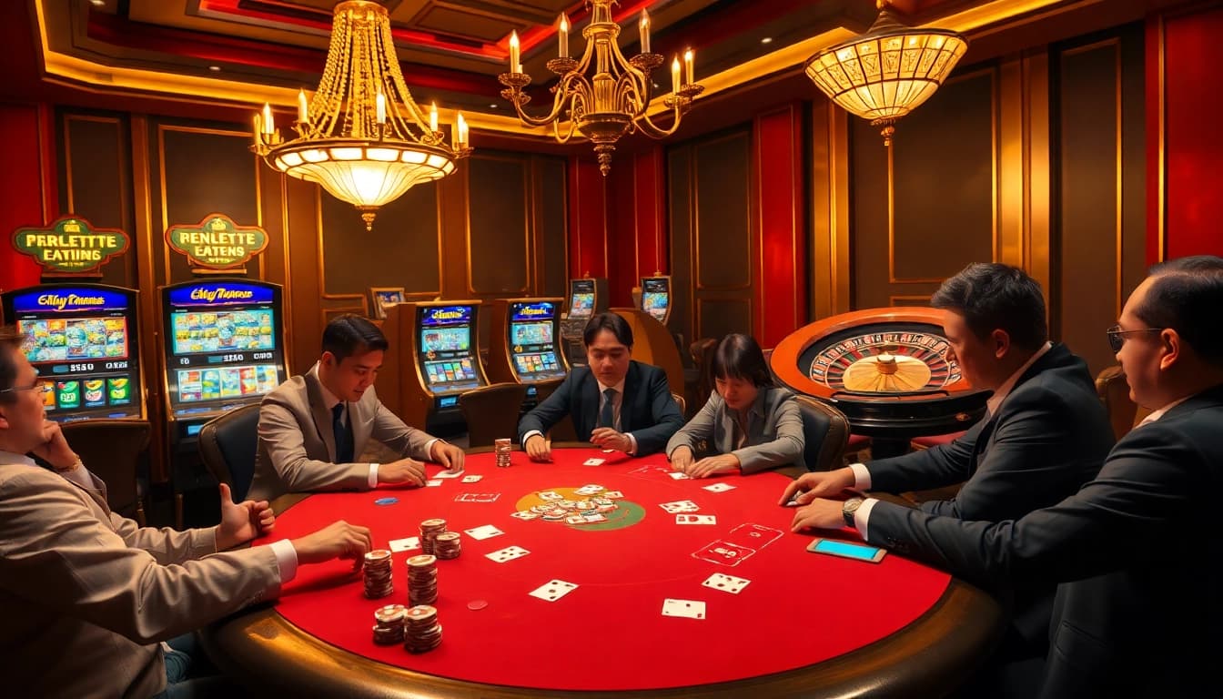 Experience thrilling gameplay at Fly88 in a luxurious casino setting with colorful poker chips and elegant tables.
