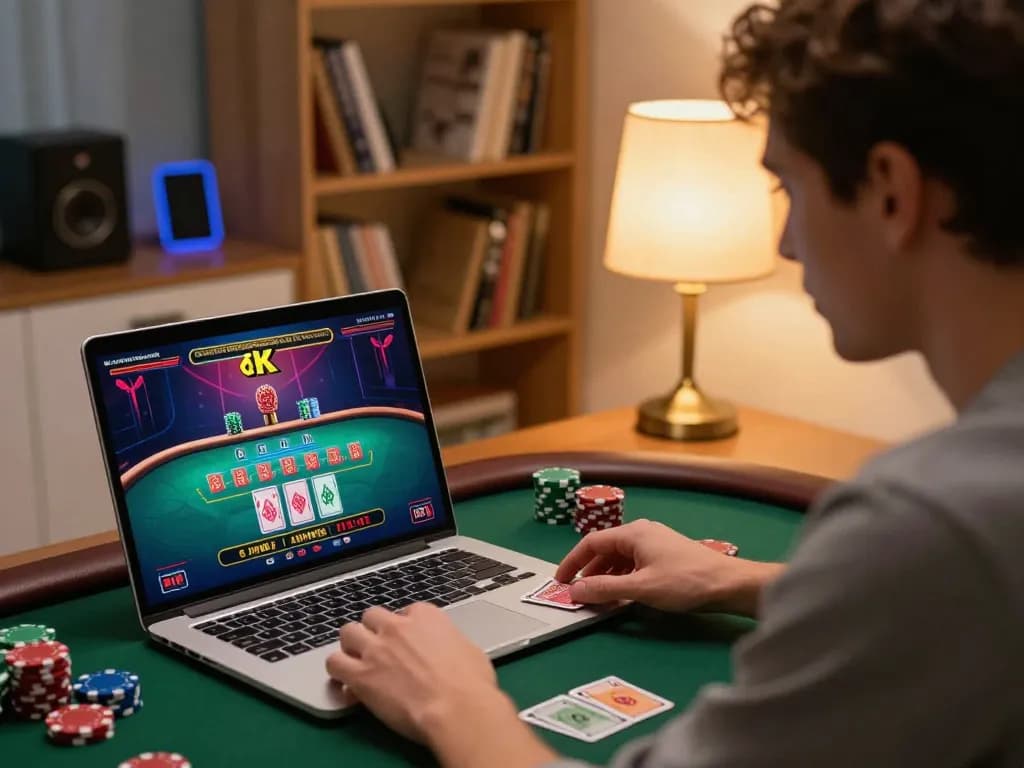 Player immersed in spinaud casino live dealer game on laptop, illustrating online gaming strategy.