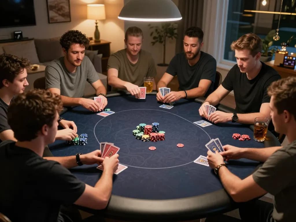 Engaged players enjoying a poker game night at home, showcasing exciting moments of strategy at XO88.