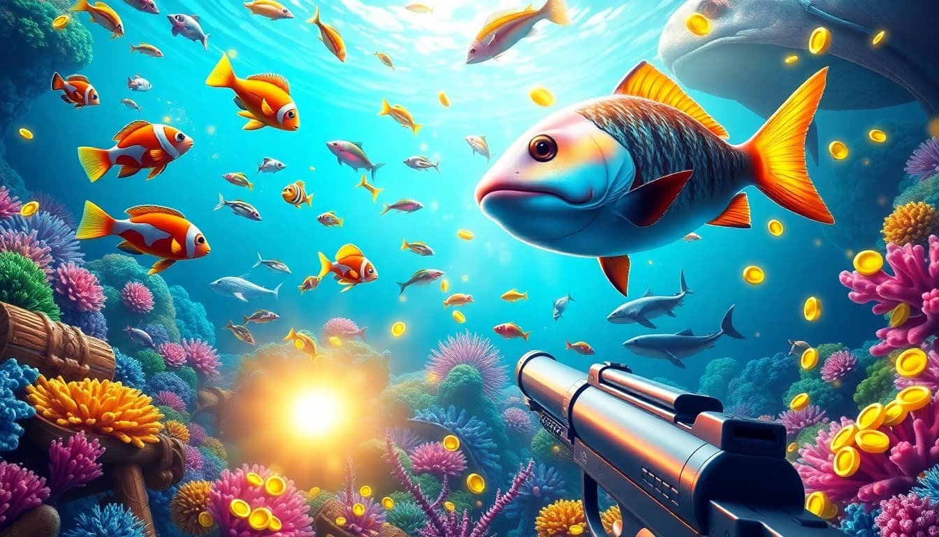 Engaging scene showcasing bắn cá đổi thưởng with vibrant underwater life, fishing action, and treasure rewards.