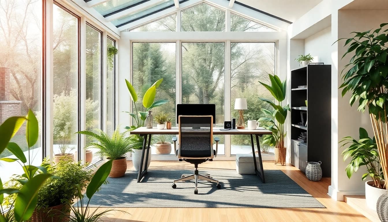 Wintergarten als Buero mit modernem Schreibtisch und natuerlichem Licht gestalten