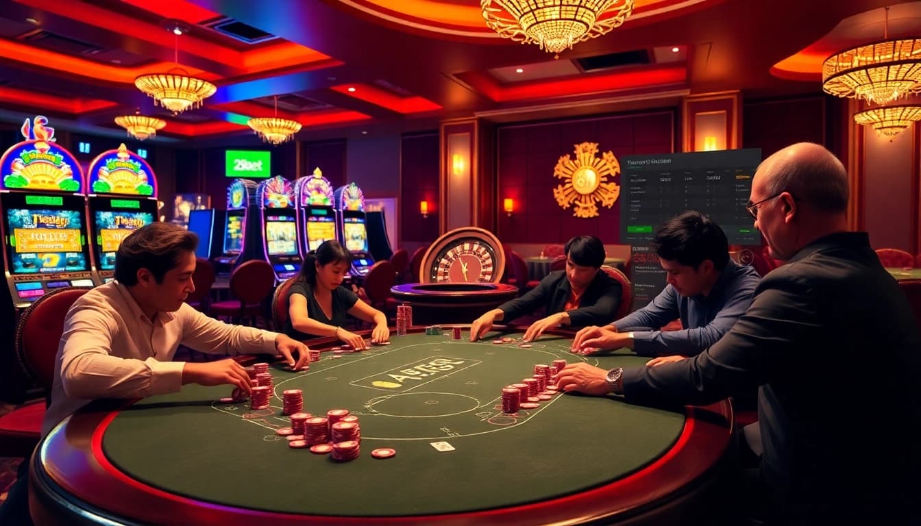 Players enjoying a poker game at a casino table, showcasing the excitement of winning strategies at 28bet.