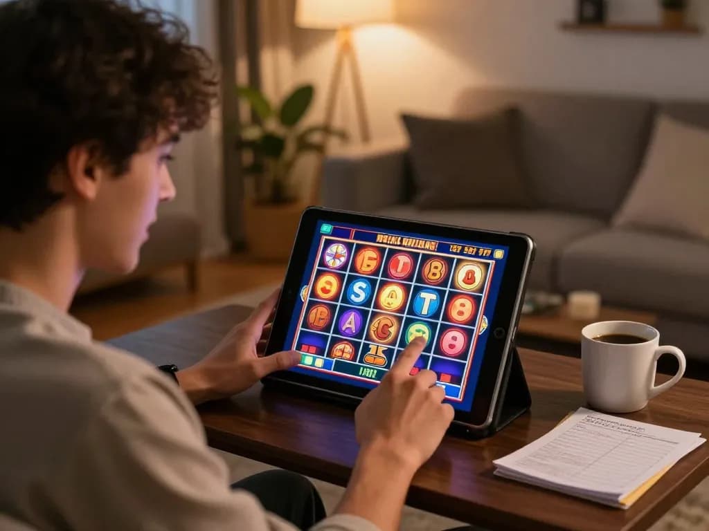 Engaging moment of an online slot player with vibrant w 88 game graphics on tablet